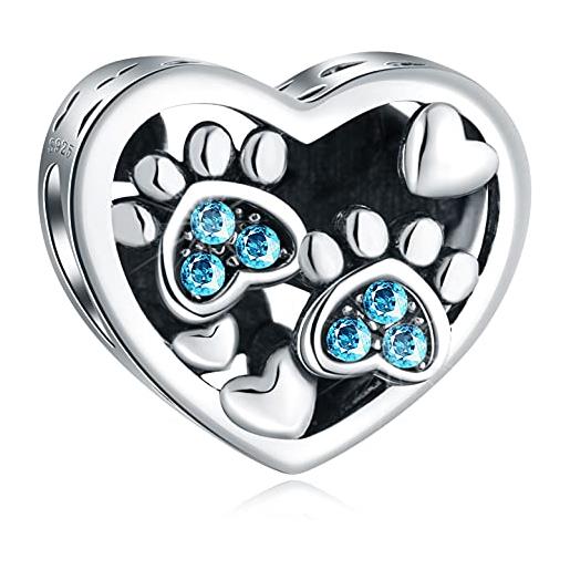 CRISNATA cucciolo cane zampa stampa charms con march birthstone, si adatta al braccialetto pandora animal, 925 perline in argento sterling aqua crystal pawprint heart, regali per gli amanti degli animali