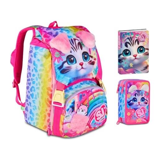 PRESTIGE & DELUXE zaino scuola sj girl cat & air gattino tigrotto estensibile by seven per elementare bambina + astuccio 3 piani + diario 2025/2026 + 7 penne a scatto e portachiave pailettes