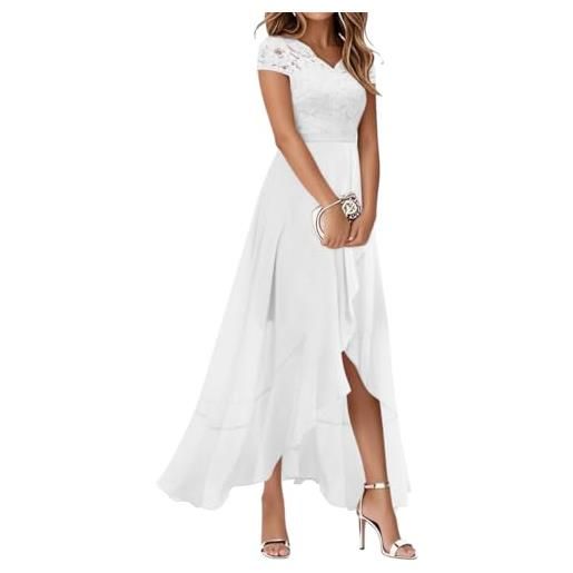 Minetom abito da ospite donna abiti da sera maniche in pizzo collo a v stile impero chiffon vestiti con orlo asimmetrico a bianco m