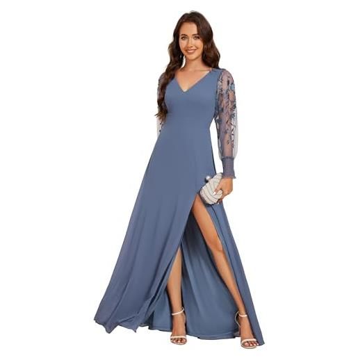 Ever-Pretty abito cerimonia donna eleganti lungo maniche lunghe vestito elegante scollo a v con spacco sera denim blu 36