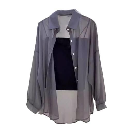 Generic camicia da donna trasparente semplice tinta unita camicia all-match colletto rovesciato top casual, grigio, xxl