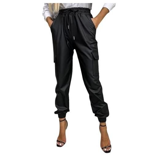 Gefomuofe pantaloni in pelle da donna, a vita alta, larga, dritta, in ecopelle, taglio boyfriend con apertura in pelle pu, effetto pelle, colore nero, nero , m