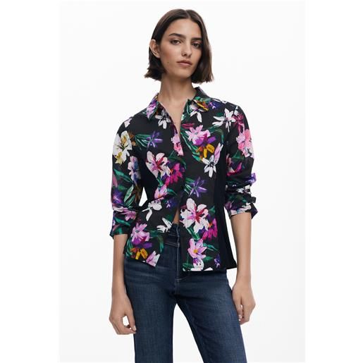 Desigual, camicia a fiori silhouette combinata, donna, nero, l