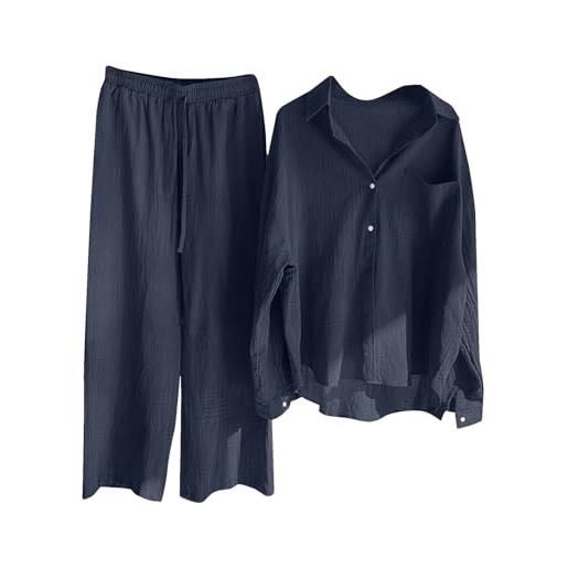 Generic due pezzi vestito donna tempo libero camicia e pantaloni co ord set casual viaggio lounge wear set manica lunga button down aeroporto outfit collare tute set, marina militare, xl