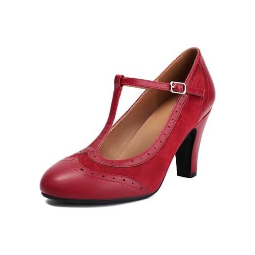graceretro scarpe da donna mary jane wingtip rockability oxford chiusura punta rotonda vintage anni '50 con tacchi a t retro anni '20, colore: rosso, 37 eu