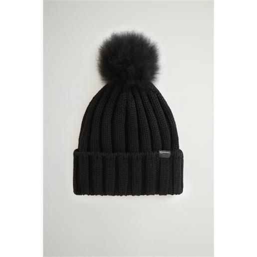 Woolrich donna berretto in lana vergine merino con pompon in cashmere rimovibile nero taglia s