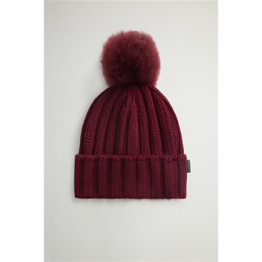Woolrich donna berretto in lana vergine merino con pompon in cashmere rimovibile bordeaux taglia s