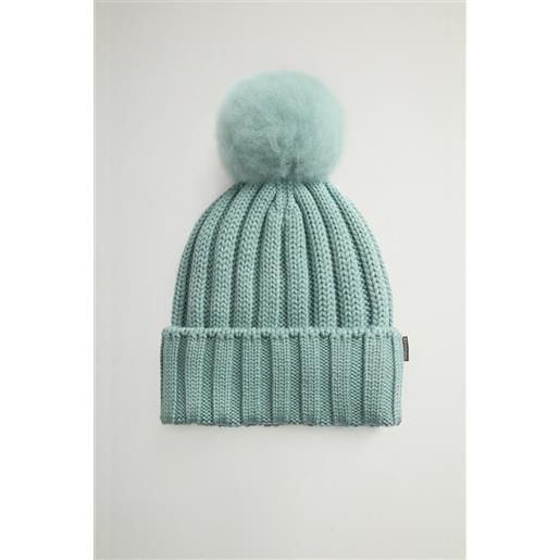 Woolrich donna berretto in lana vergine merino con pompon in cashmere rimovibile verde taglia s
