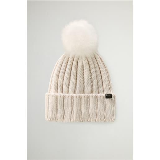 Woolrich donna berretto in lana vergine merino con pompon in cashmere rimovibile bianco taglia s