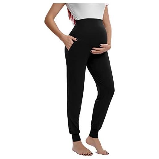 Shen&Qege pantaloni premaman sopra la pancia pantaloni della tuta elasticizzati comodi pantaloni gravidanza con tasche, nero , s