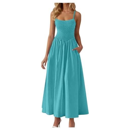 Generic abito estivo da donna, girocollo, senza maniche, maxi abito a punto smock, con spalline sottili, lungo, casual, ampio, linea a, vacanza, elegante, da spiaggia, con tasche, 01 bianco, xl