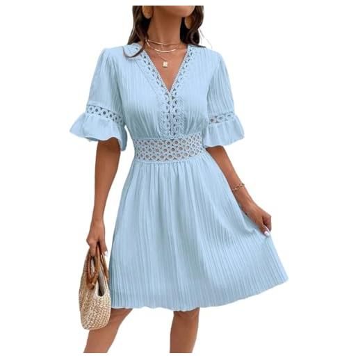 GHAKKE abito corto patchwork in pizzo sexy con scollo a v profondo da donna estate 2024 moda manica a campana a vita alta a linea swing mini vestito (color: light blue, size: s)