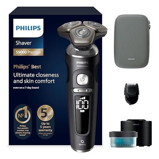 Philips rasoio serie 9000 prestige, rasoio elettrico a secco e umido, nero opaco, sistema di rasatura lift&cut, tecnologia skiniq, regolabarba, base per pulizia, custodia (modello sp9840/31)