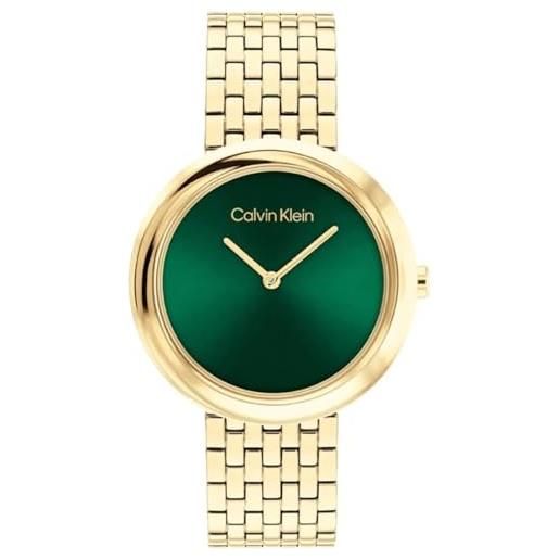 Calvin Klein orologio con movimento al quarzo a due lancette da donna collezione twisted bezel con cinturino in acciaio inossidabile di colore dorato - 25100066, gold and green