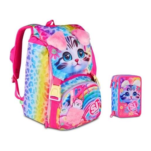 PRESTIGE & DELUXE zaino scuola sj girl cat & air gattino tigrotto estensibile by seven per elementare bambina + astuccio 3 piani + 7 penne a scatto e portachiave pailettes