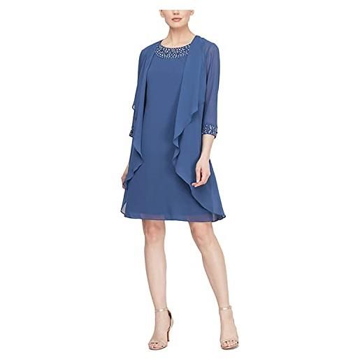 S.L. Fashions women's petite chiffon tier jacket dress with bead neck, wedgewood, 12p