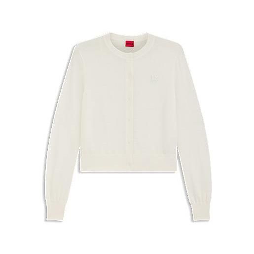 HUGO cardigan a girocollo in lana merino con logo scomposto, bianco