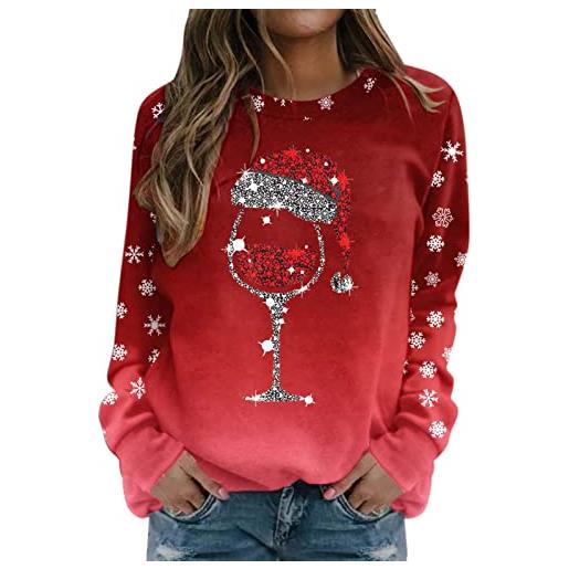 WanWorlder maglione natalizio da donna, con scollo rotondo, a maniche lunghe, renna, bicchiere da vino, babbo natale, stampa a maniche lunghe, per adolescenti, ragazze e natale, maglione da donna, e-rosso, s