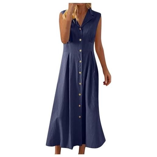 Generic abiti in lino per le donne uk summer maxi senza maniche abito con colletto lungo casual sciolto cotone lino button down cover up vacanza elegante spiaggia tinta unita prendisole, 01 blu marino. , l