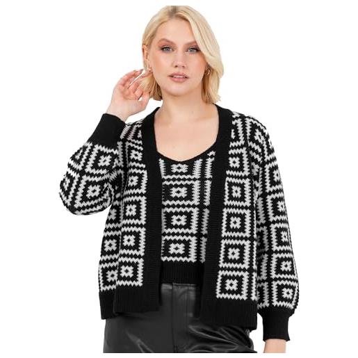 Lovedrobe women's twinset ladies long sleeve cardigan knitted two piece sleeveless vest tank top granny square knitwear co-ord felpa, nero e crema, 44-46 donna
