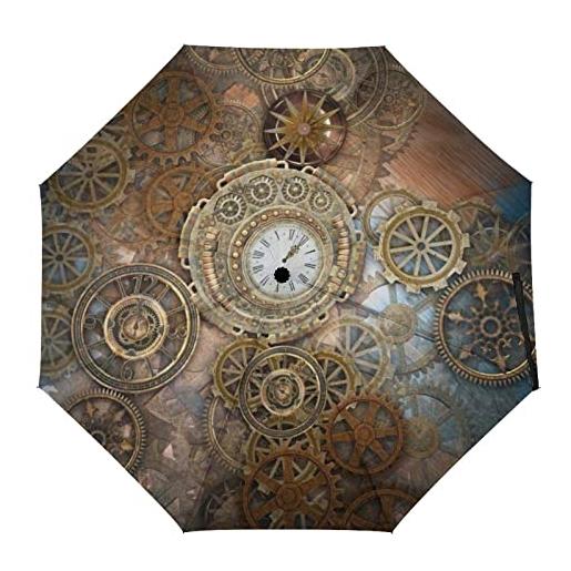 LJFABKY retro steampunk orologi e ingranaggi antivento viaggio manuale 3 pieghevole ombrello impermeabile automatico rainbrella per uomo donna