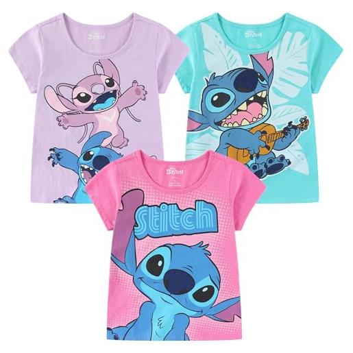 Disney lilo & stitch - confezione da 3 magliette a maniche corte per bambine grandi, blu/rosa/viola, 14