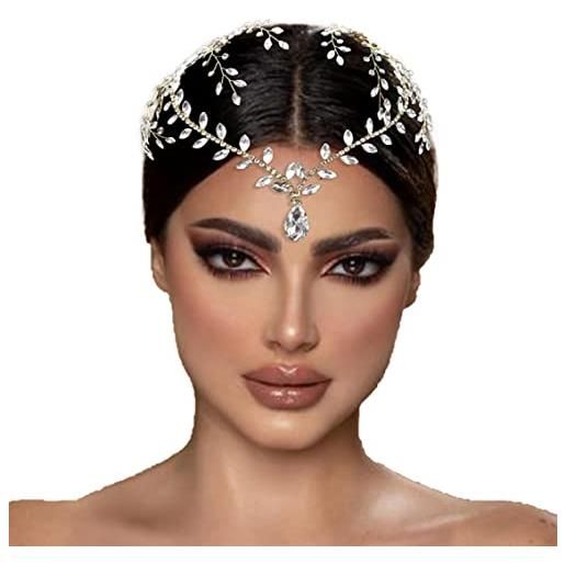 SunaOmni copricapo da sposa per matrimonio, fascia per capelli con strass fascia per capelli sulla fronte accessori per capelli per la sposa, copricapo per capelli con strass dorati fascia per capelli da sposa