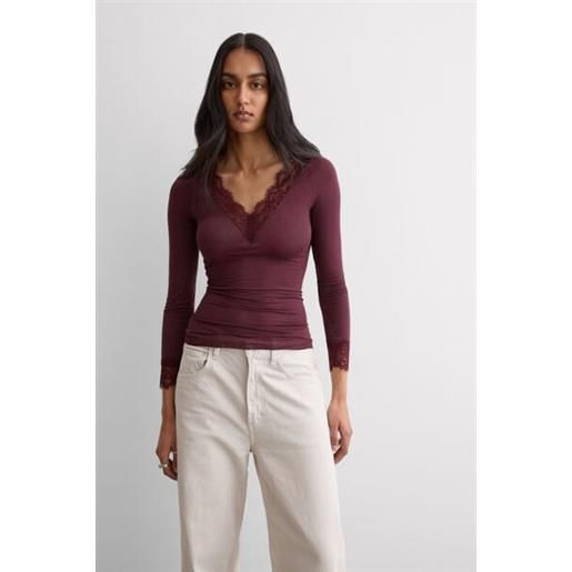 Intimissimi maglia scollo a v ultralight con cashmere e pizzo bordeaux