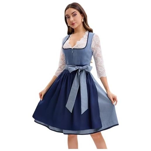 Goxozzy dirndl - abito da donna in velluto con grembiule dirndl per oktoberfest lungo, taglie 34-44, lunghezza 60 cm, blu 40