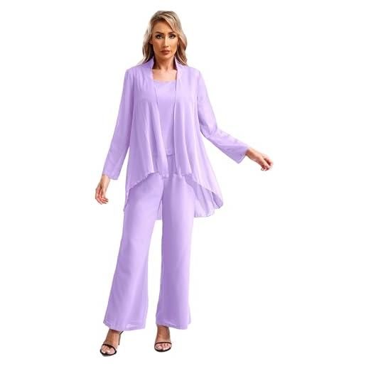 Agoky completo donna elegante 3 pezzi set taillert pantaloni in chiffon top canotta senza cardigan aperto sul davanti pantaloni lunghi set tuta da festa cerimonia sposa lanvanda xxl