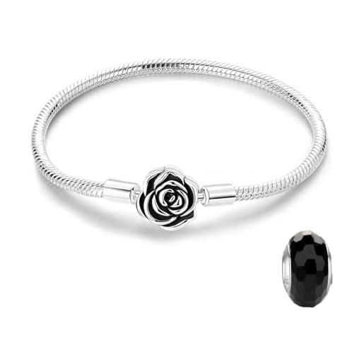 LNQOBU bracciale in argento con maglia snake e chiusura a cuore compatibile con pandora europei charms da donna