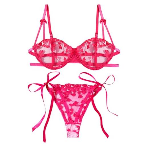 SEAUR grazioso set di lingerie in rete con reggiseno e mutandine trasparenti da donna, reggiseno e biancheria intima in pizzo floreale, blu, l