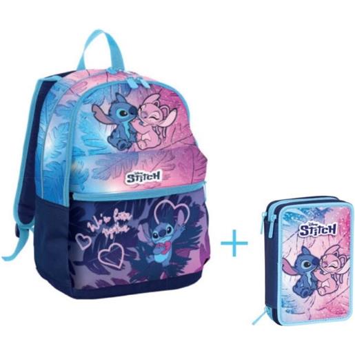 Zaino scuola 3 scomparti lilo & stitch seven + astuccio 3 zip