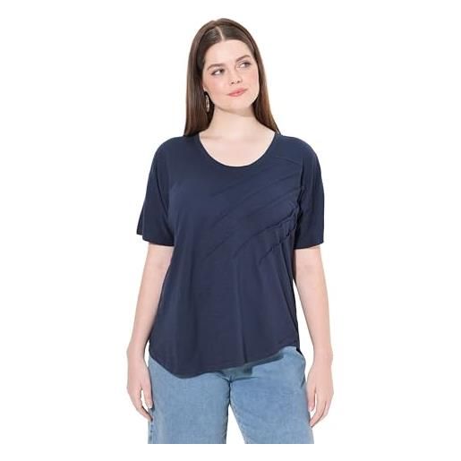 Ulla Popken t-shirt in cotone biologico con nervature, scollo a girocollo e mezze maniche blu notte scuro 42+ 838884130-42+