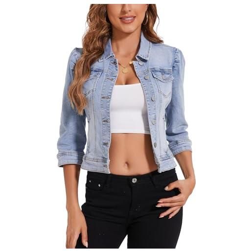 Anienaya giacca di jeans da donna, in denim, elasticizzata, con maniche a sbuffo a 3/4, effetto invecchiato, con tasche, blu scuro, xxl