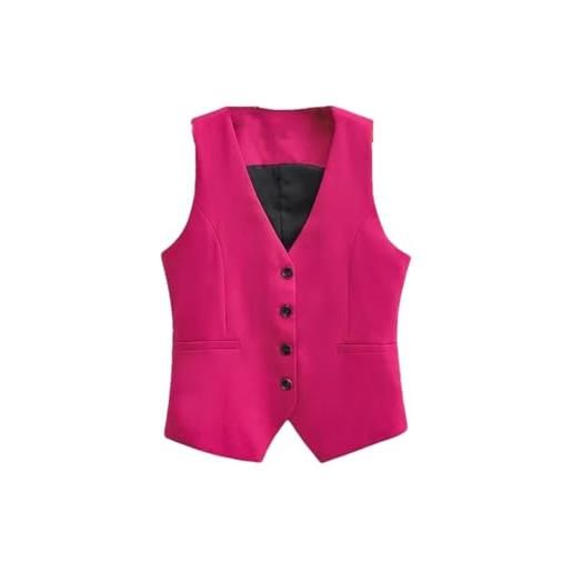 REHJJDFD donne con scollo a v monopetto rosa rosso vestito gilet donna slim corto asimmetrico sottile senza maniche cappotto gilet, fucsia, l