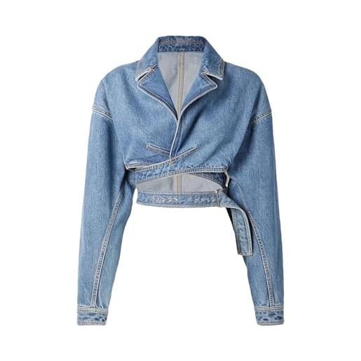 Generic cappotto di jeans da donna incrociato piegato scava fuori con lacci blu vintage giacca di jeans corta da abbinare, blu, m