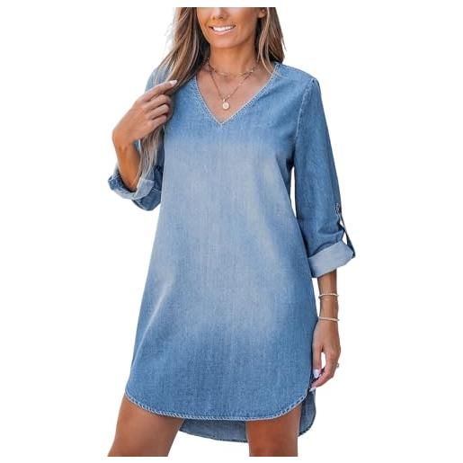 CUPSHE mini abito da donna in denim, a maniche lunghe, con scollo a v, polsini arrotolati, casual, tunica, blu navy, m