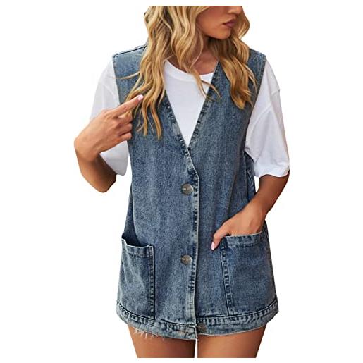 Generic giacca elasticizzata in denim per donna moda retrò tinta unita gilet in denim senza maniche allentato casual con bottoni top coat vintage manica lunga, blu, xl