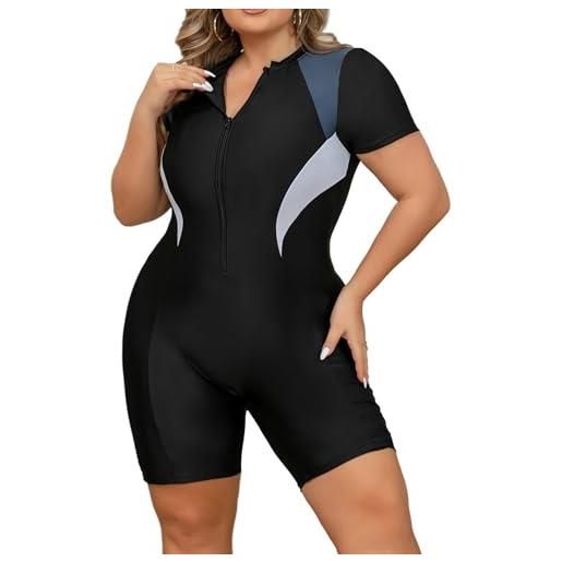 Bascabeen costume da bagno intero da donna, taglie forti, a blocchi di colore, con cerniera, maniche corte, costume da bagno intero, nero , xxl