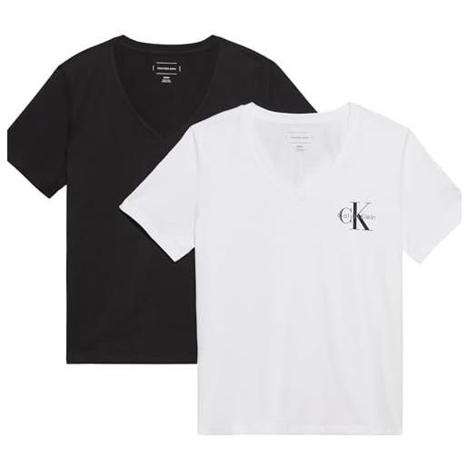 Calvin Klein donna t-shirt maniche corte confezione da 2 logo tee con scollo a v, multicolore (black/brilliant white), xxl