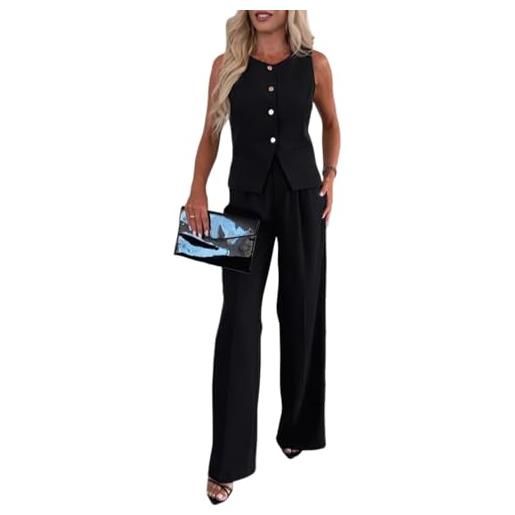 shownicer tailleur da donna eleganti 2 pezzi completo blazer giacca senza maniche + pantaloni a gamba larga tuta elegante cerimonia coordinato set a giallo l