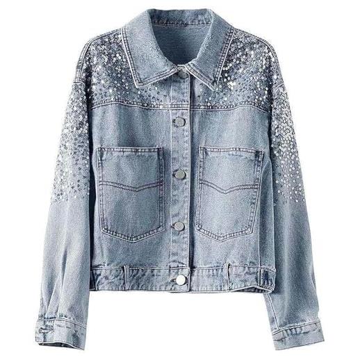 Hecatombic giacca di jeans da donna con paillettes giacca sportiva casual con risvolto abbottonato e tasche giacca di jeans con patta manica lunga larga e attillata su giacca di jeans (blu, m)