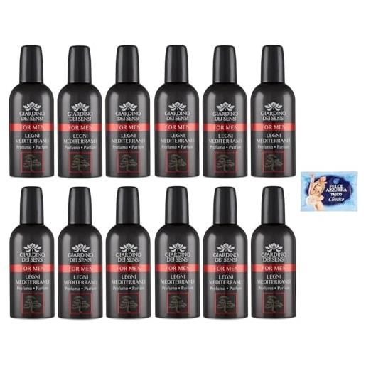 Felce Azzurra 12x giardino dei sensi profumo for men legni mediterranei, profumo da uomo intenso e originale 100ml + 1 confezione di talco Felce Azzurra in omaggio, busta da 100g