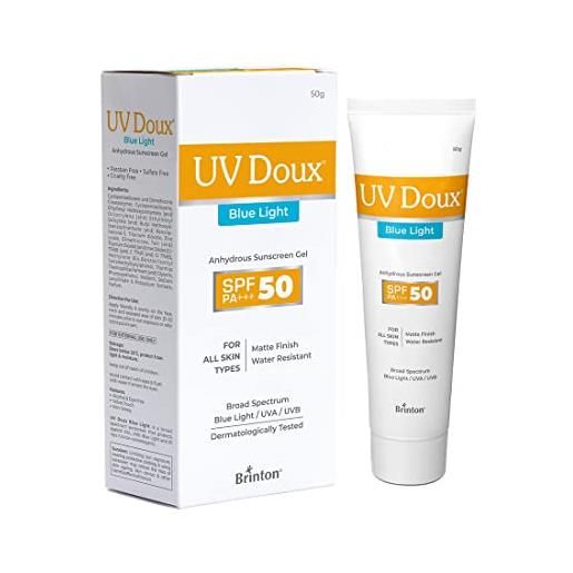 Brinton uv doux blue light tinted sunscreen gel spf 50 pa+++ | broad spectrum blue light & uva/uvb protection | sweat-control & water-resistant, dermatologist tested | unisex all skin types 50g