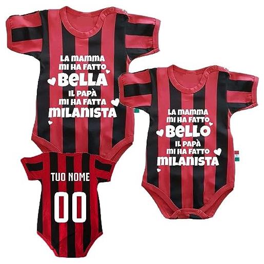 PELUSCIAMO body rosso nero mamma mi ha fatto bello (o bella), papa' mi ha fatto milanista | personalizzato con nome e numero ps 32772-010