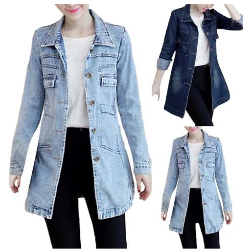 IQYU giacca di jeans da donna, lunga, in jeans, oversize, per lo sport, silm fit, di media lunghezza, per le mezze stagioni, vintage, stile boyfriend, in denim, a maniche lunghe, blu scuro, xl