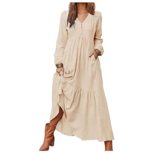 Generic maxi abito estivo da donna, casual, plissettato, in lino, a maniche lunghe, con scollo a v, volant, plissettato, con tasche, gonna lunga, beige, 5xl