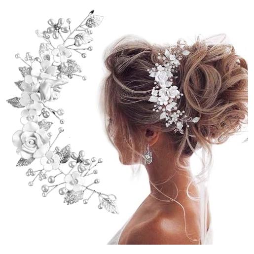 Poraceous accessori per capelli da sposa con fiori in argento, fascia per capelli sposa con fiore di vite, copricapo di foglie di fiore, fermacapelli per damigelle, ragazze e ragazze fiori (argento)
