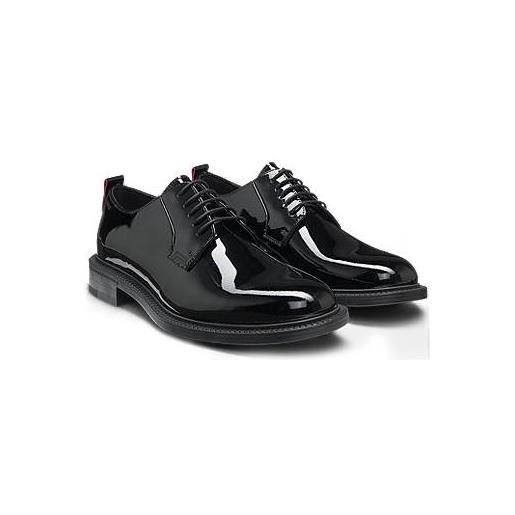HUGO scarpe derby in pelle verniciata con logo goffrato, nero